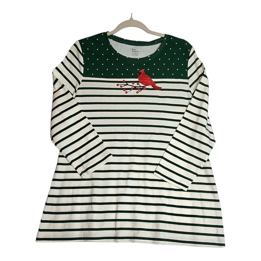 Kim Rogers Womens Long Sleeve Cardinal‎ Holiday Stripe Cotton Top Sz L Christmas